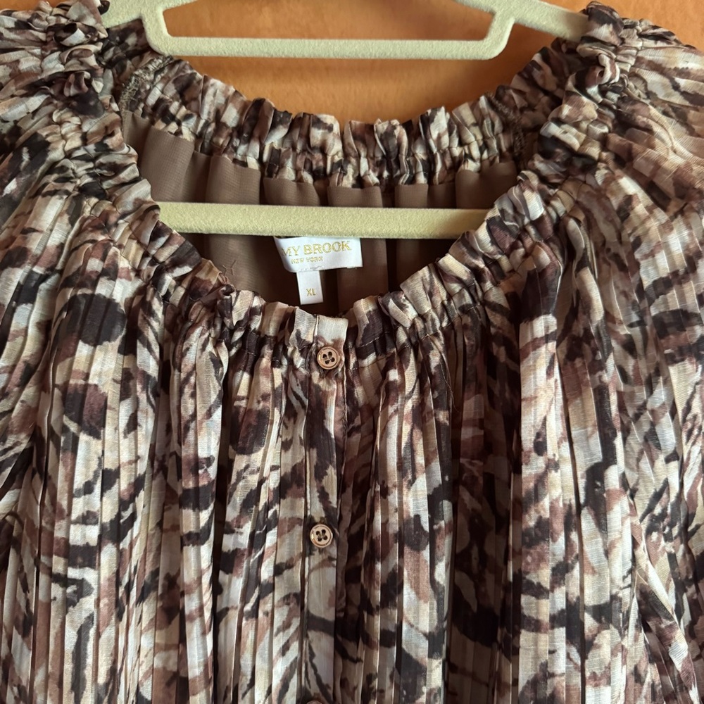 Ramy Brook Lined Pleated Blouse XL Elastic Neck Puff Sleeve - Picture 3 of 10
